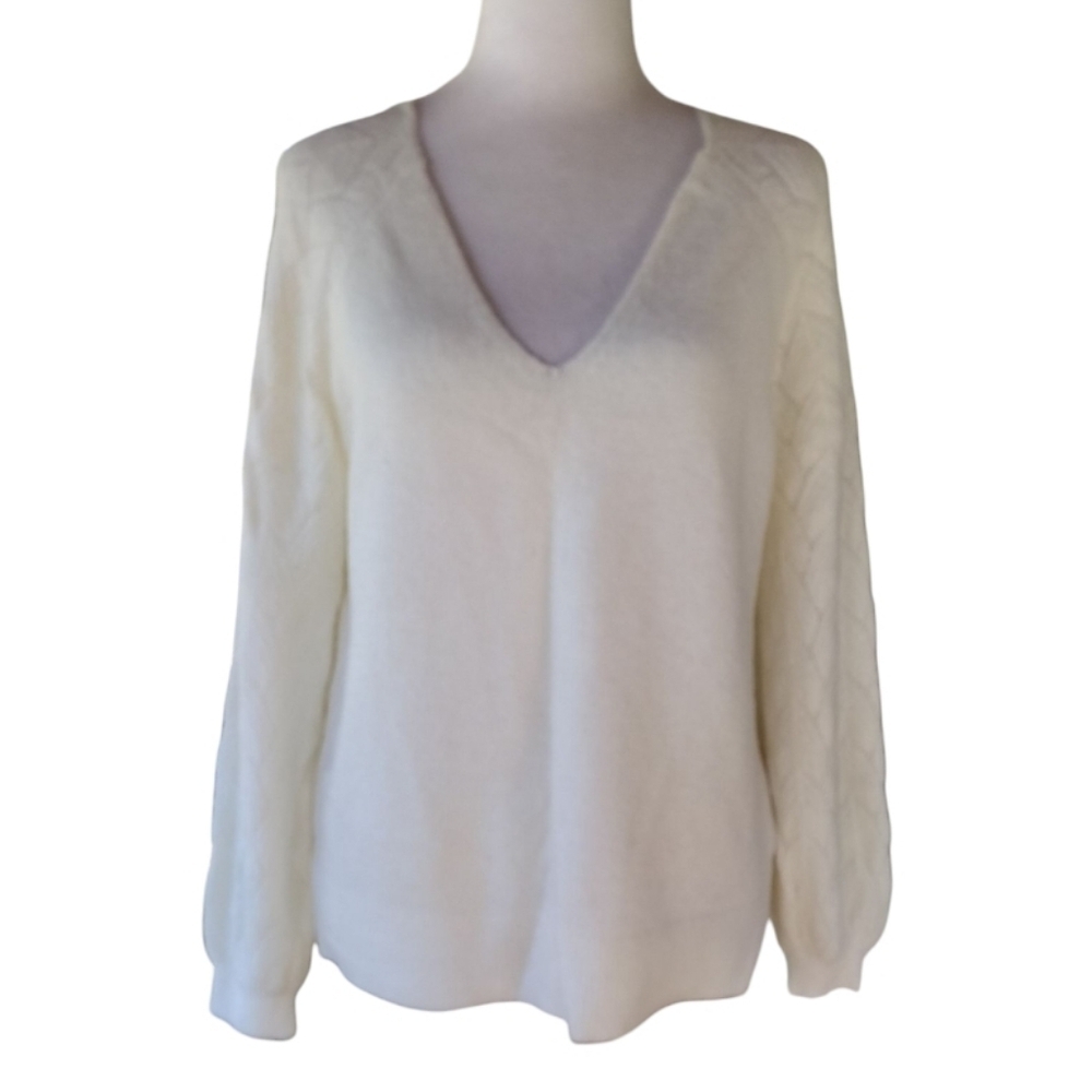 Ann Taylor LOFT Cream V Neck Soft Stretchy Pointelle Knit Sleeve Sweater Medium